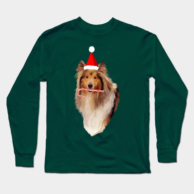 Christmas Santa Candy Cane Collie Long Sleeve T-Shirt by Art by Deborah Camp